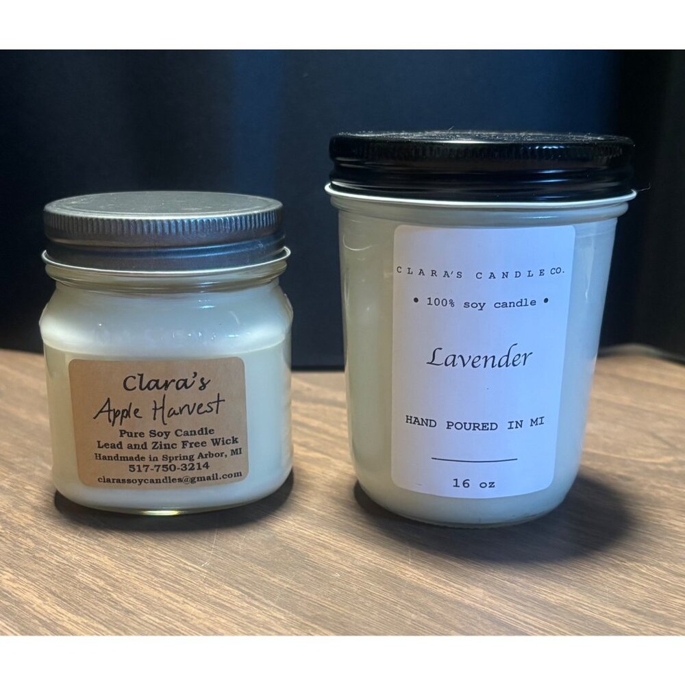 Claras Candle Co Soy Candles Lavender 16 oz & Apple Harvest 8 oz Handmade USA